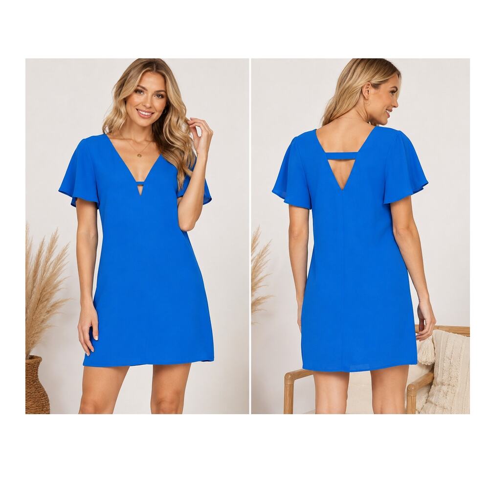 Jack BB Dakota Blue Deep V Shift Dress Flutter Sleeve Size Large NWT